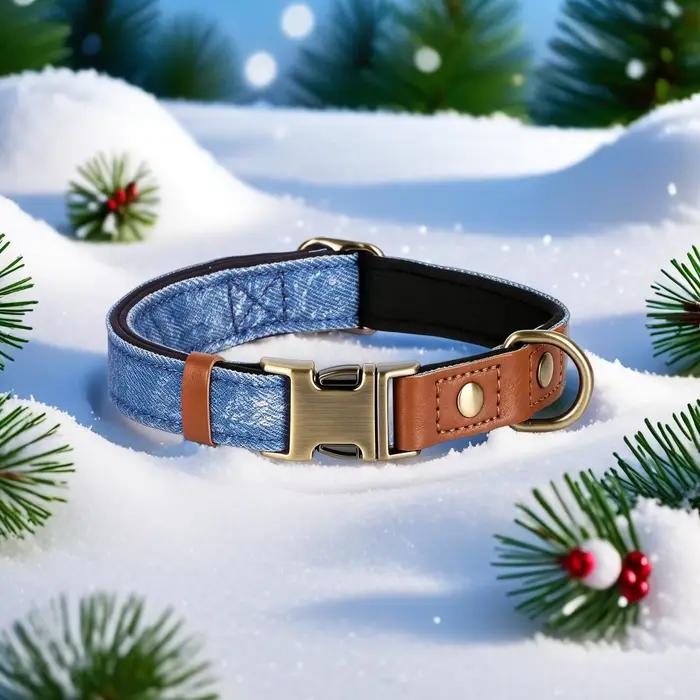 Collier pour animaux de compagnie en denim personnalisable avec boucle métallique gravée à dégagement rapide réglable