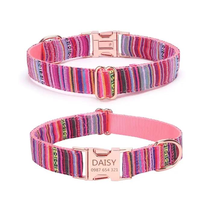 Collier pour chien rayé bohème personnalisé avec boucle en or rose