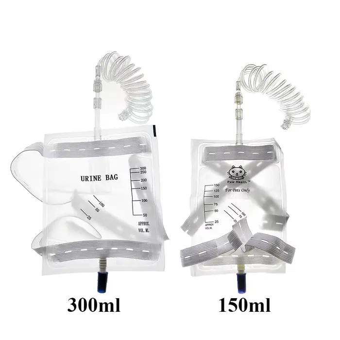 Sac de collecte d'urine pour animaux domestiques (chats, chiens) 150ml 300ml, avec cathéter Luer, drainage jetable, tube d'extension et sangle de suspension