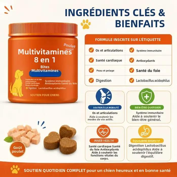 Friandises multivitaminées 8-en-1 pour chiens, saveur poulet, soutien articulaire, immunitaire, cutané, pelage et digestion, à croquer quotidiennement.