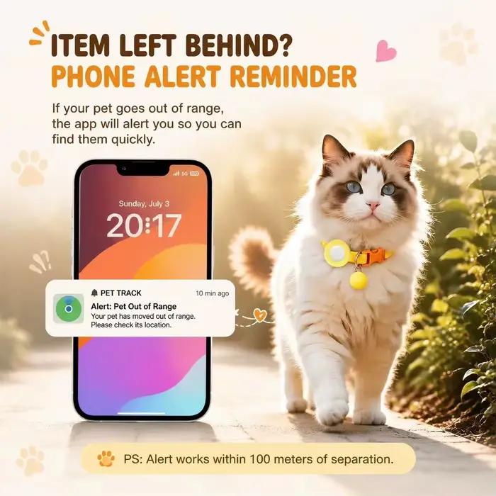 Collier GPS pour chat, dispositif de suivi à portée illimitée, mode anti-perte pour animaux de compagnie, taille réglable 21–32 cm, compatible avec la fonctionnalité Apple Find My.