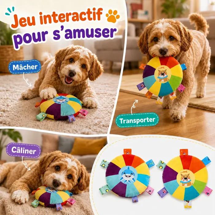 Jouet à mâcher en peluche pour chien avec clochette, jouet interactif de tirage et de lancer, disque volant doux, jouet de dentition avec languettes en tissu pour petits chiens et chiots