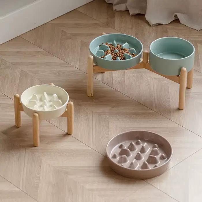 Ensemble de bols doubles en céramique pour chien avec support en bois – Mangeoire lente surélevée