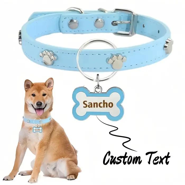 Collier de chien en cuir personnalisé avec étiquette pour animaux de compagnie en forme d'os