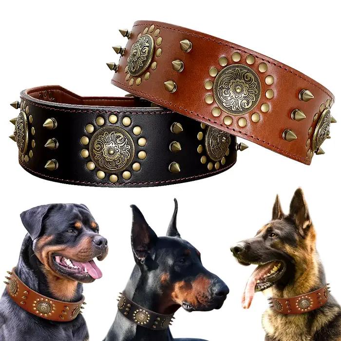 Grand collier pour chien en cuir, colliers cloutés à pointes Pitbull pour chiens de taille moyenne et grande, collier pour animaux de compagnie Durable en cuir véritable marron