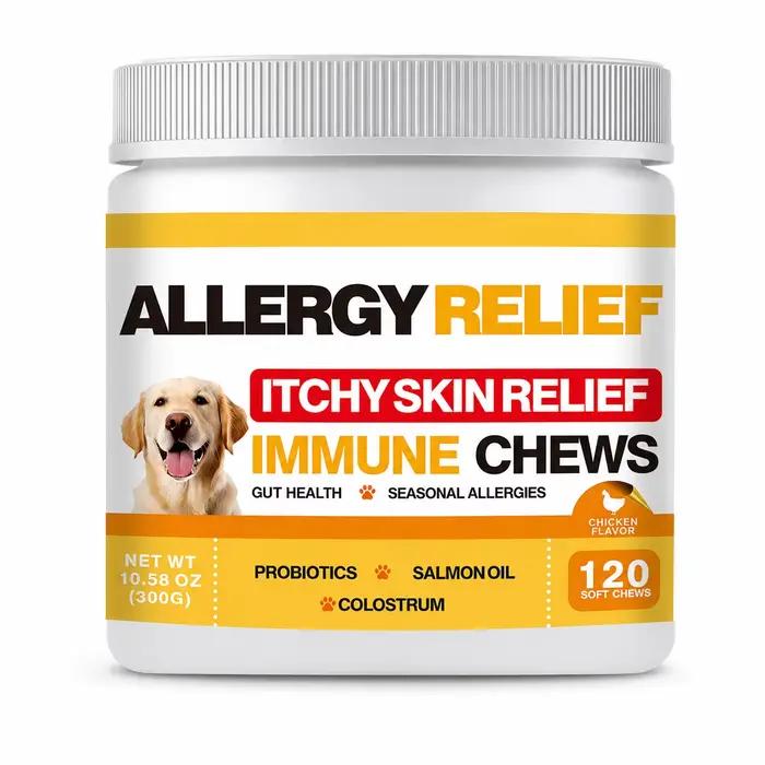 Friandises à mâcher douces pour chiens contre les allergies, soutien cutané, santé intestinale, immunité, probiotiques, huile de saumon, complément alimentaire pour animaux
