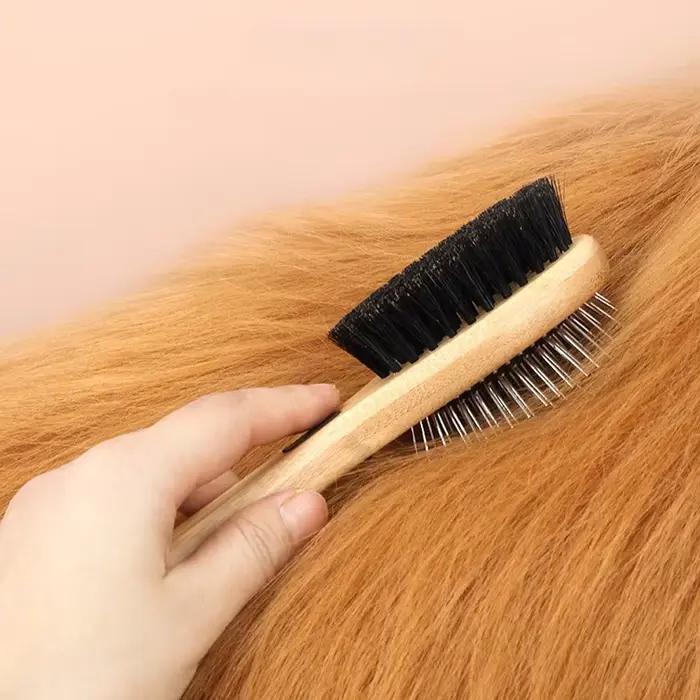 Brosse double face en poils de sanglier pour animaux : outil de massage et de démêlage pour chiens et chats