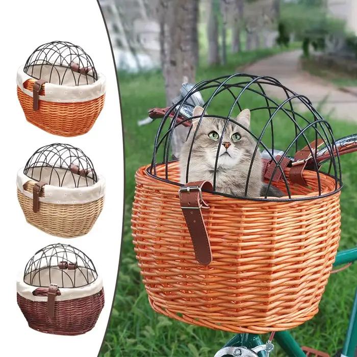 Panier de vélo en osier pour petits chiens et chats, panier avant de transport pour animaux de compagnie avec housse en treillis métallique