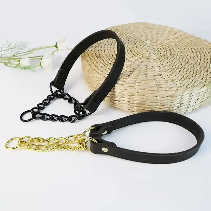 Collier de chien en cuir véritable robuste avec chaîne en métal Martingale
