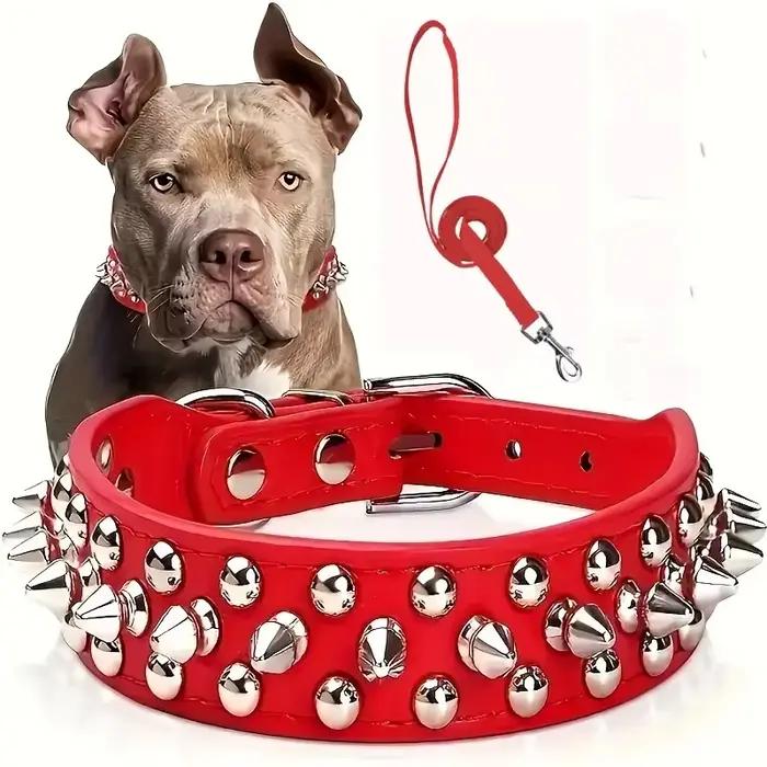 Ensemble collier et laisse pour chien à pointes, collier pour chien en cuir à rivets, collier réglable pour chien pour la marche en plein air