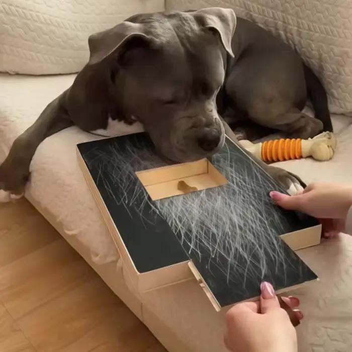 Grattoir en bois pour chiens avec boîte à friandises intégrée, tampon de ponçage pour ongles, surface en papier de verre à conception coulissante, jouet à gratter