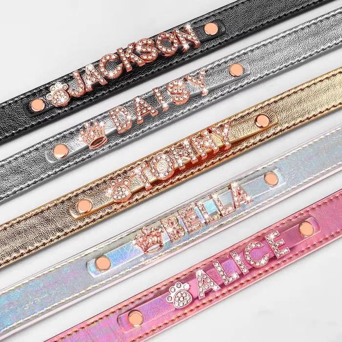 Collier pour chien personnalisé en cuir PU brillant avec lettre et breloque en or rose