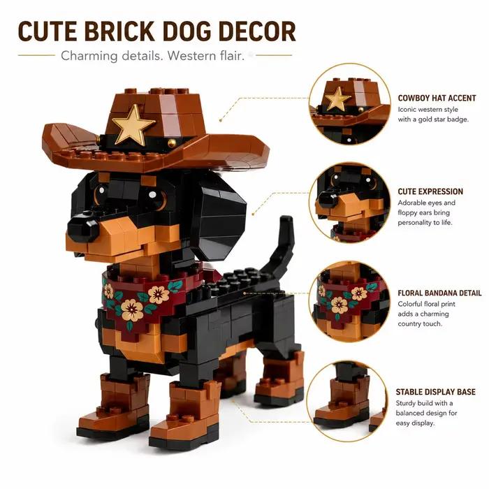 Figurine de chiot mignon en forme de chapeau de cowboy, modèle animal en briques DIY, ornement de bureau, décoration pour la maison et le bureau, cadeau
