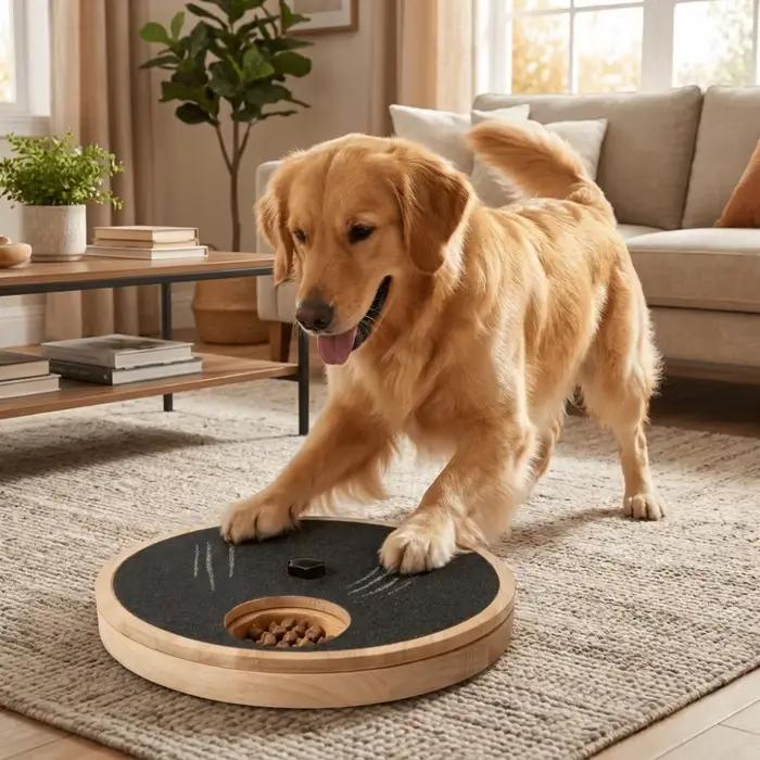 Planche à gratter rotative pour chien en bois massif, ronde, résistante à l'usure, avec boîte à friandises, lime à ongles pour chien, jouet pour chiens