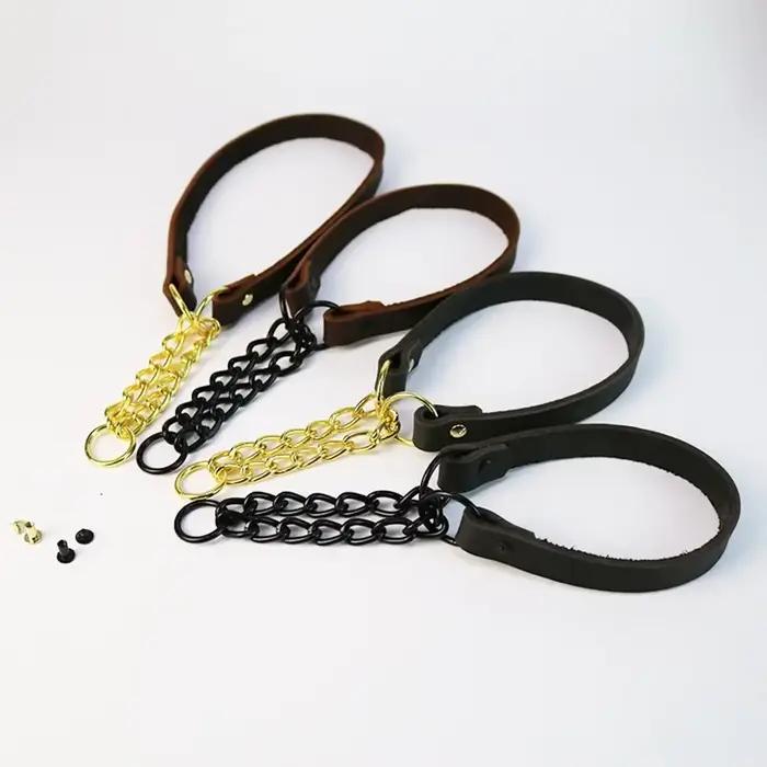 Collier de chien en cuir véritable robuste avec chaîne en métal Martingale