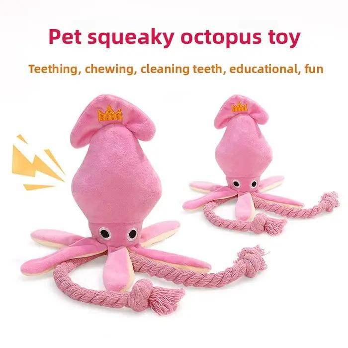 Jouet à mâcher interactif pour chien en peluche pieuvre couineuse avec queue en corde de coton tressée, pour chiot et chien de petite et moyenne taille