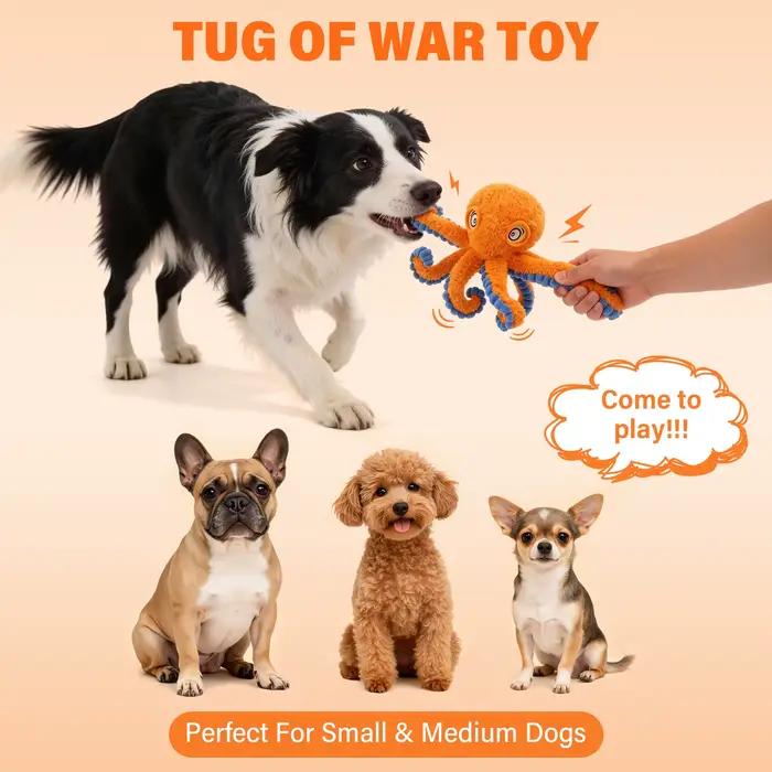 Jouet couineur pour chien Octopus : Peluche interactive pour tirer la balle avec bruit froissé pour petits et grands chiens, chiots, bleu