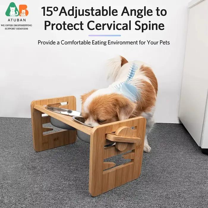 ATUBAN Gamelles surélevées en bambou avec support réglable pour chiens, chiots, chats, lapins – Gamelles pour nourriture et eau pour animaux de compagnie
