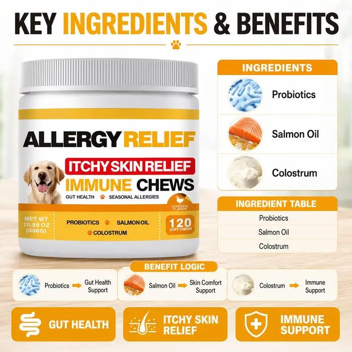 Friandises à mâcher douces pour chiens contre les allergies, soutien cutané, santé intestinale, immunité, probiotiques, huile de saumon, complément alimentaire pour animaux