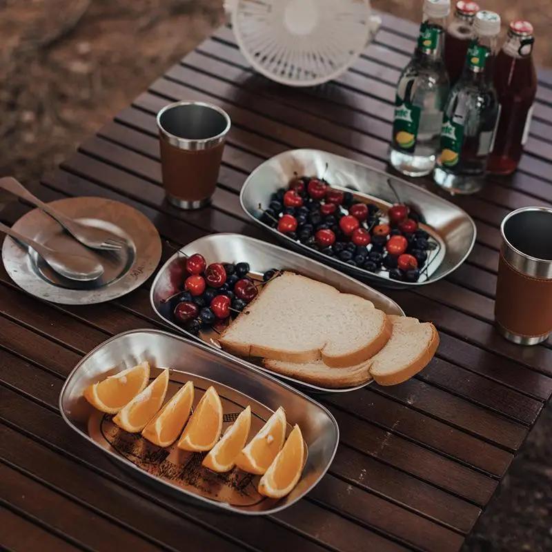 Plateaux alimentaires de camping en acier inoxydable, légers, durables, résistants à la rouille, non toxiques, pour pique-nique en plein air, cuisine de camping