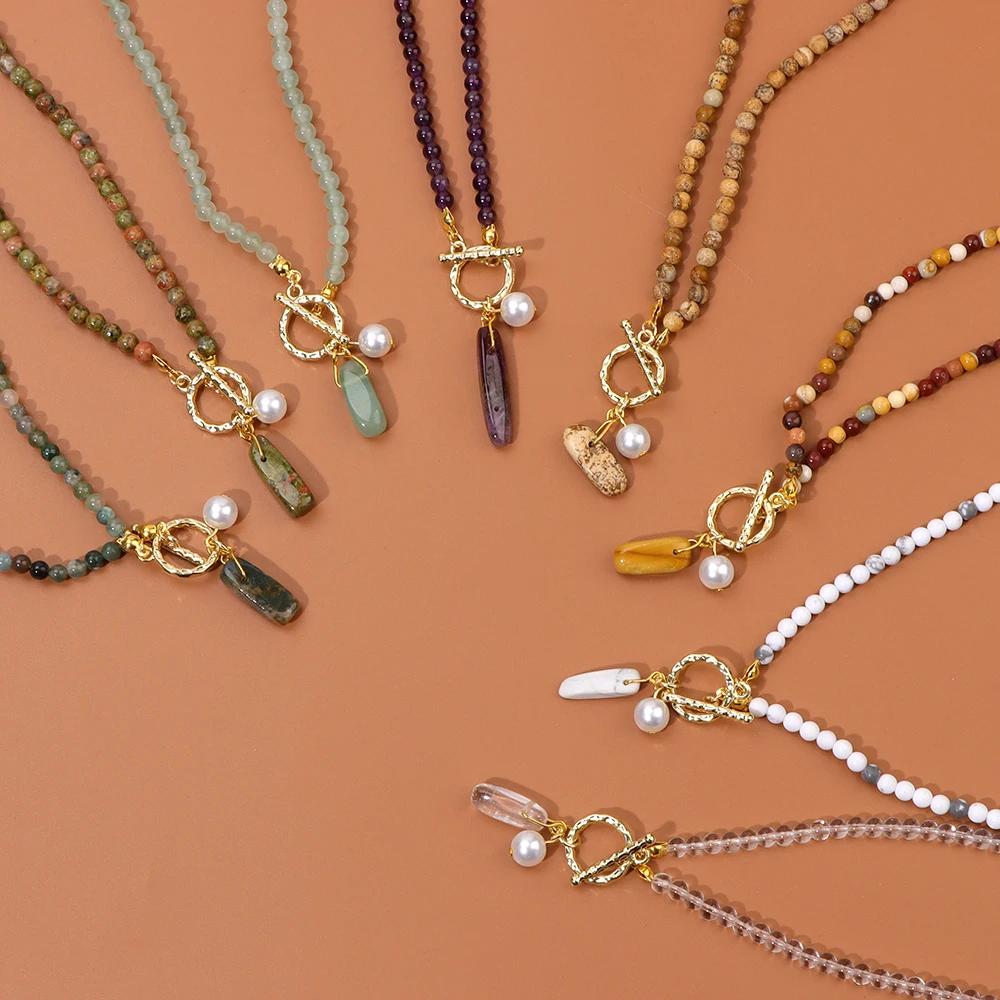 Collier de petites perles en pierre naturelle, pendentif à longue boucle OT à dents pour femmes et hommes, collier tendance Reiki, bijoux
