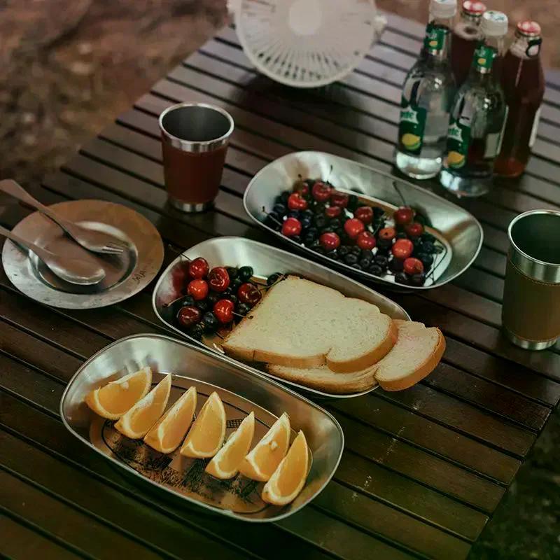 Plateaux alimentaires en acier inoxydable, durables, résistants à la rouille, de qualité alimentaire, parfaits pour le camping, les pique-niques en plein air, la randonnée, le barbecue et les voyages