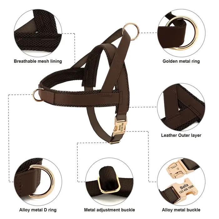 Harnais personnalisé pour grands chiens, gilet réglable en maille gravée en cuir pour animaux de com