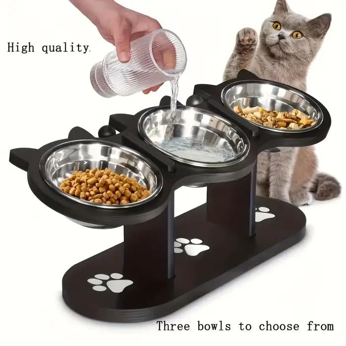 Bol pour chat surélevé à 3 niveaux avec supports en bois et acier inoxydable, support réglable à ang