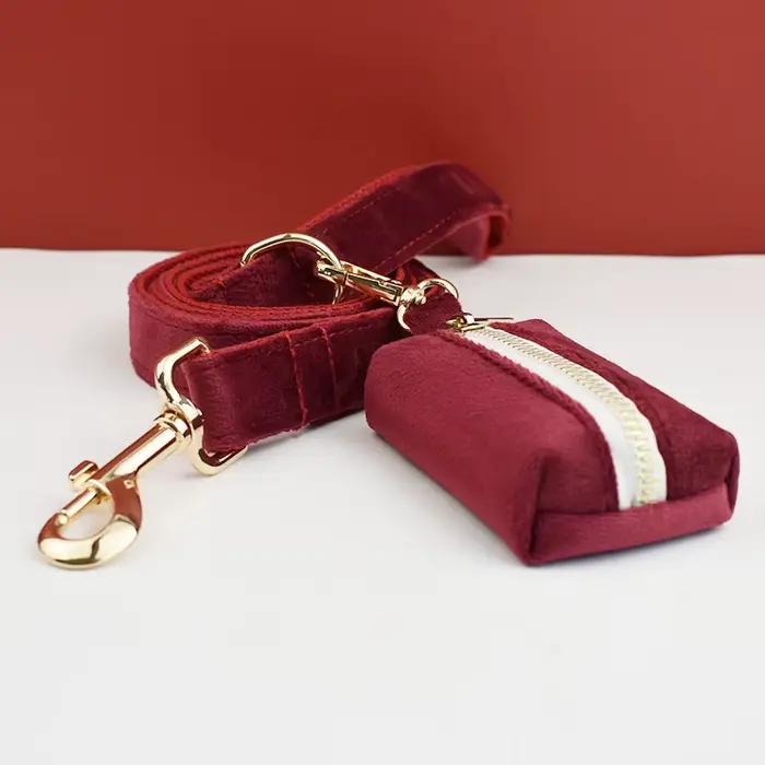 Ensemble collier et laisse pour chien en velours rouge, pour grands chiens, plaque nominative gravée