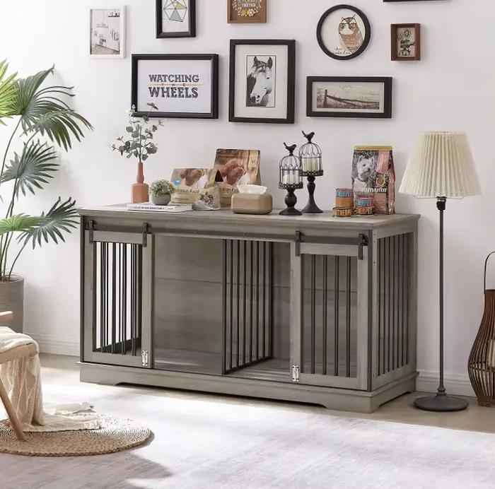 Grand meuble de caisse pour chien, pour 2 chiens, en bois, avec séparateur amovible, porte coulissan