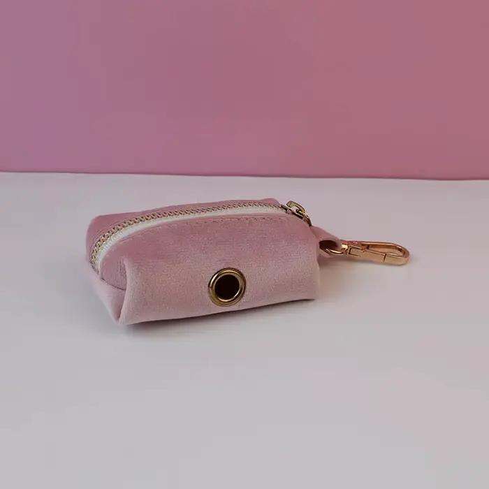 Ensemble collier et laisse pour chien en velours rose pâle, plaque nominative gravée sur mesure, fou