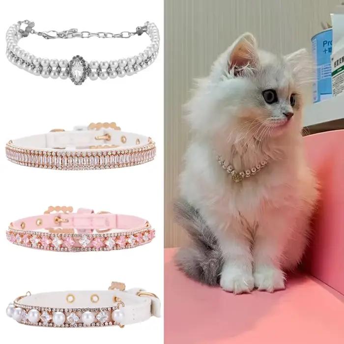 Collier de perles avec strass pour chat, accessoire ajustable pour animaux de compagnie, chiot, lapi