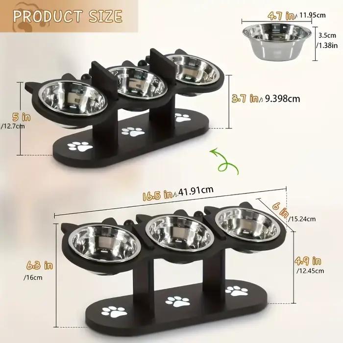 Bol pour chat surélevé à 3 niveaux avec supports en bois et acier inoxydable, support réglable à ang