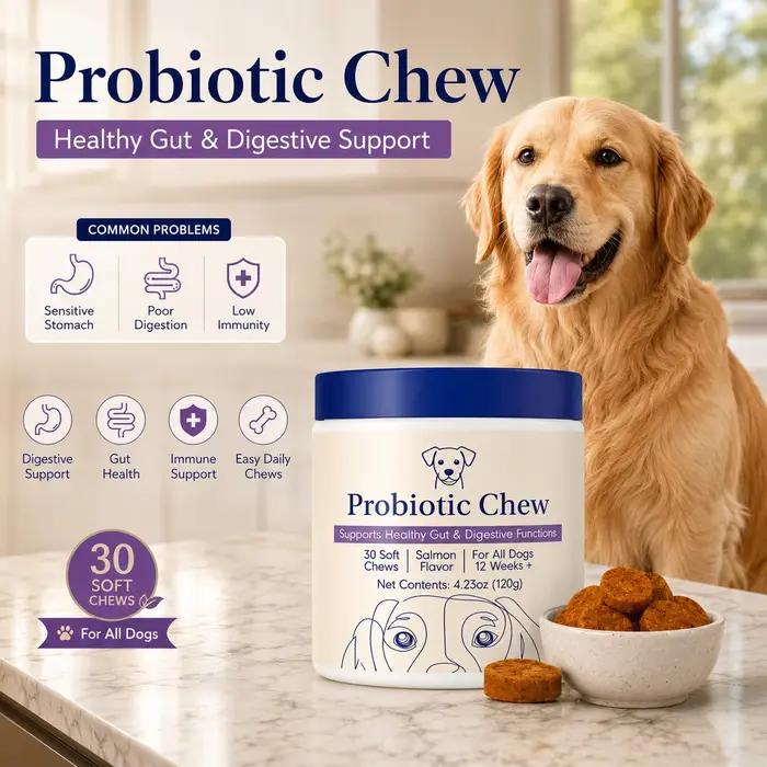Friandises à mâcher probiotiques pour chiens PETJOYCN 120g, saveur saumon, favorisent la santé diges