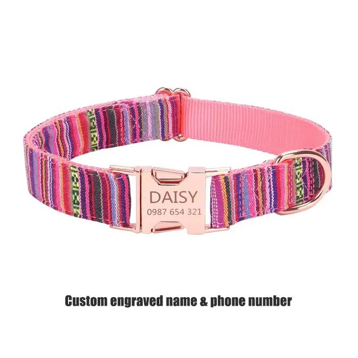 Collier pour chien rayé bohème personnalisé avec boucle en or rose, collier en nylon personnalisé po
