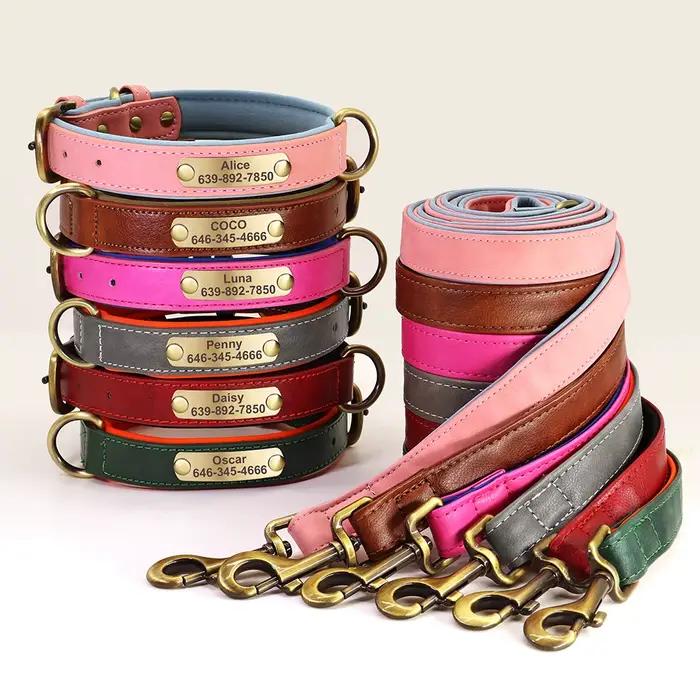 Collier d'identification de chien personnalisé avec laisse, ensemble collier et laisse en cuir PU re