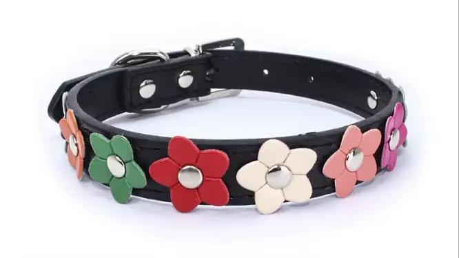 Fleurs Collier de chien de compagnie laisse en cuir PU Collier de chat chaîne sangle de cou pour pet
