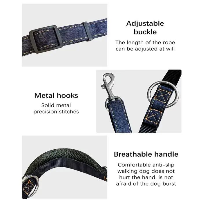 Laisse multifonctionnelle en tissu Jean pour chien, longueur réglable, mains libres, laisse à Double