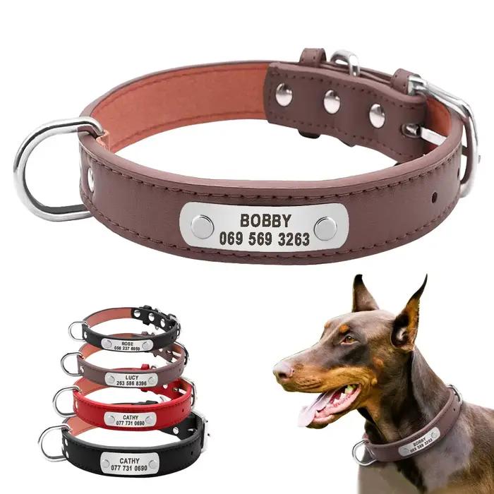 Grand collier de chien personnalisé Durable en cuir PU rembourré colliers d'identification pour animaux de compagnie