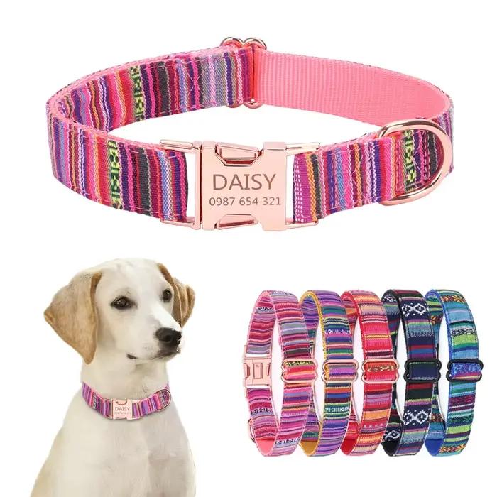 Collier pour chien rayé bohème personnalisé avec boucle en or rose