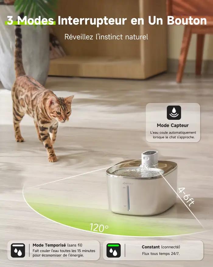 4L Fontaine a Eau Chat sans Fil en Acier Inoxydable