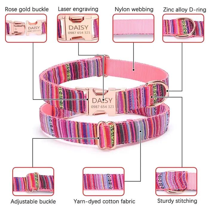 Collier pour chien rayé bohème personnalisé avec boucle en or rose