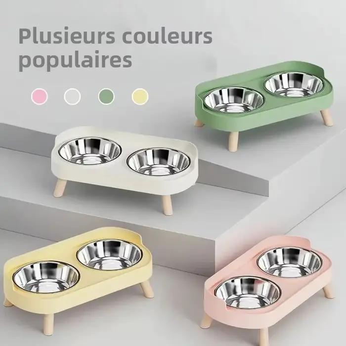 Distributeur surélevé pour animaux de compagnie Dopamine Colorful : Double gamelle en acier inoxydable avec support