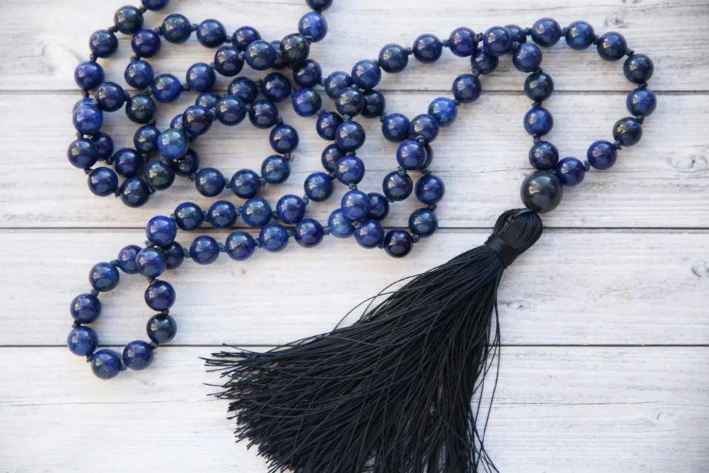 Collier Long Bleu en Pierre 108 Naturelle, 6MMlapis-lazumovies, Colliers de la raq Noués à la Main, Pompon Mala Yoga